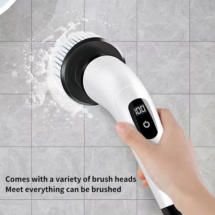 Electric Spin Scrubber - Cordless Cleaning Brush with 7 Heads & Long Handle Power Shower Scrubber for Bathroom Kitchen Tile Floor, White