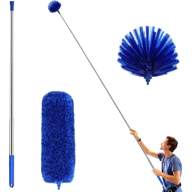 Ceiling Fan Duster with Extension Pole, Cobweb & Corner Brush Cleaning Kit ,15-100 Inch Long Handle Aluminum Telescoping Pole, Washable(Blue)
