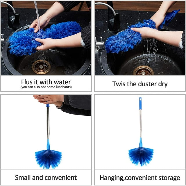 Ceiling Fan Duster with Extension Pole, Cobweb & Corner Brush Cleaning Kit ,15-100 Inch Long Handle Aluminum Telescoping Pole, Washable(Blue)