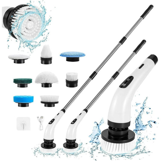 Electric Spin Scrubber - Cordless Cleaning Brush with 7 Heads & Long Handle Power Shower Scrubber for Bathroom Kitchen Tile Floor, White